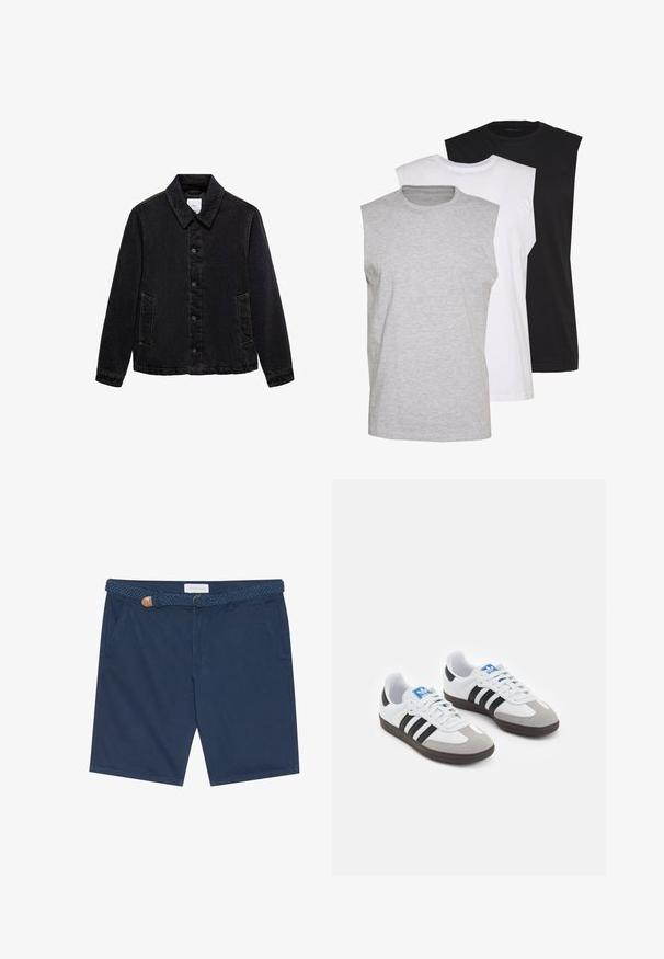 Sort denimjakke med spids krave, frontlukning med knapper og to sidelommer. Har kontrastsyede detaljer og en afslappet pasform.; Tre ærmeløse t-shirts i grå, hvid og sort. Blødt bomuldsmateriale med rund hals og afslappet pasform. Enkel design, ingen mønstre.; Mørkeblå shorts lavet af bomuld, prydet med et flettet bælte med en brun læderdetalje, sidelommer og lige snit.; Sportsko med en overdel i hvid læder, grå ruskind på tåen og tre sorte striber. Har et blåt logo på tungen og en struktureret gummisål.