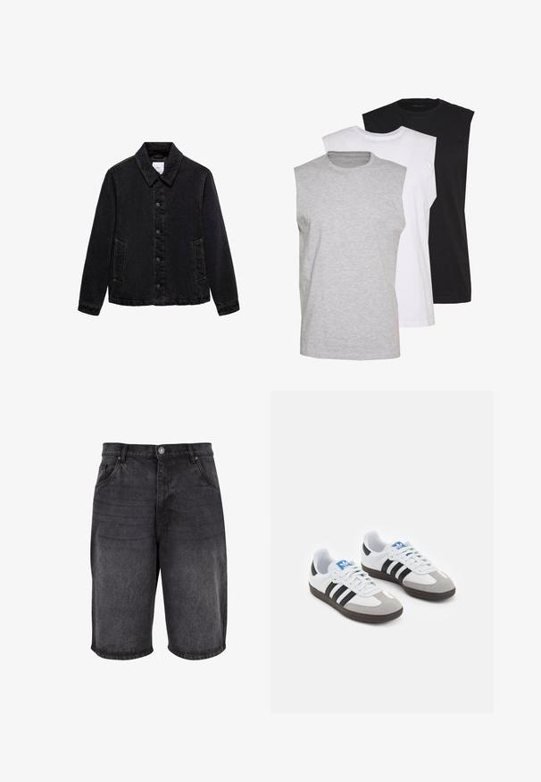 Crna traper jakna s šiljastim ovratnikom, prednjim kopčanjem na dugmad i dva bočna džepa. Sadrži kontrastne šavove i ležeran kroj.; Trii bezrukavnih majica u sivoj, bijeloj i crnoj boji. Mekani pamučni materijal s okruglim izrezom i opuštenim krojem. Jednostavan dizajn, bez uzoraka.; Crne traperice kratke hlače s opuštenim krojem, dizajnom od pet džepova i zatvaranjem na dugme. Tkanina ima glatku teksturu s suptilnim izbljeđivanjem.; Sportske cipele s gornjištem od bijele kože, sivi suedinasti nos i tri crne pruge. Imaju plavi logo na jeziku i teksturiranu gumenu podlogu.