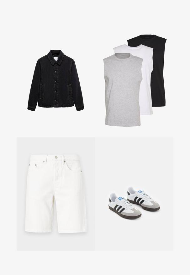 Zwarte denimjack met een puntige kraag, sluiting met knopen aan de voorkant en twee zijzakken. Kenmerkt zich door contrasterende stiksels en een relaxte pasvorm.; Drie mouwloze T-shirts in grijs, wit en zwart. Zacht katoenmateriaal met een ronde hals en een relaxte pasvorm. Eenvoudig ontwerp, geen patronen.; Witte denim shorts met een rechte snit, voorzien van een knoopsluiting aan de voorkant, vijf zakken en subtiele stiksels.; Sportschoenen met een witte leren bovenkant, grijze suède neus en drie zwarte strepen. Bevat een blauw logo op de tong en een gestructureerde rubberen zool.