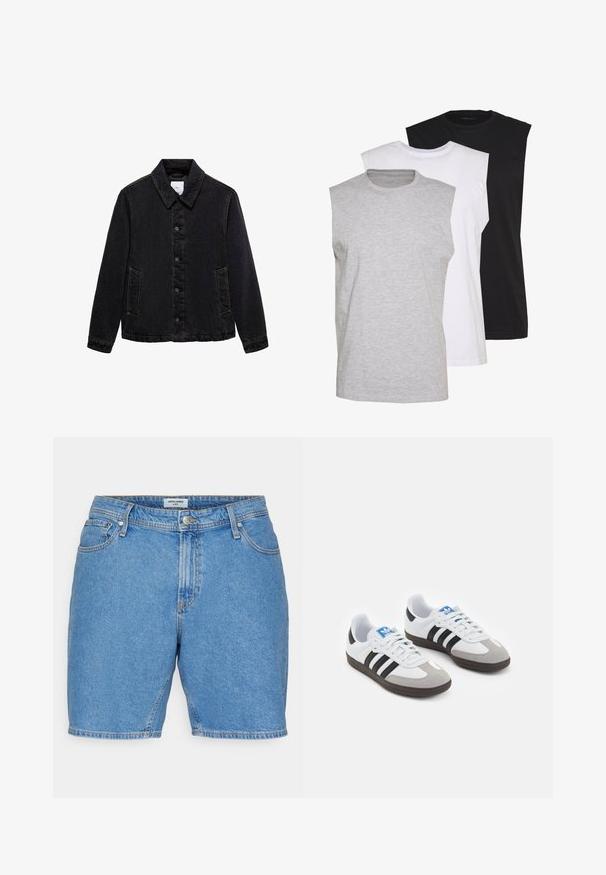 Jachetă din denim negru cu guler ascuțit, închidere cu nasturi în față și două buzunare laterale. Prezintă cusături în contrast și o croială lejeră.; Trei tricouri fără mâneci, în culorile gri, alb și negru. Material moale din bumbac, cu guler rotund și croi lejer. Design simplu, fără modele.; Jack & Jones JJITONY JJORIGINAL - Pantaloni scurți din denim - blue denim; Încălțăminte sport cu un superior din piele albă, vârf din suede gri și trei dungi negre. Prezintă un logo albastru pe limbă și o talpă din cauciuc texturat.