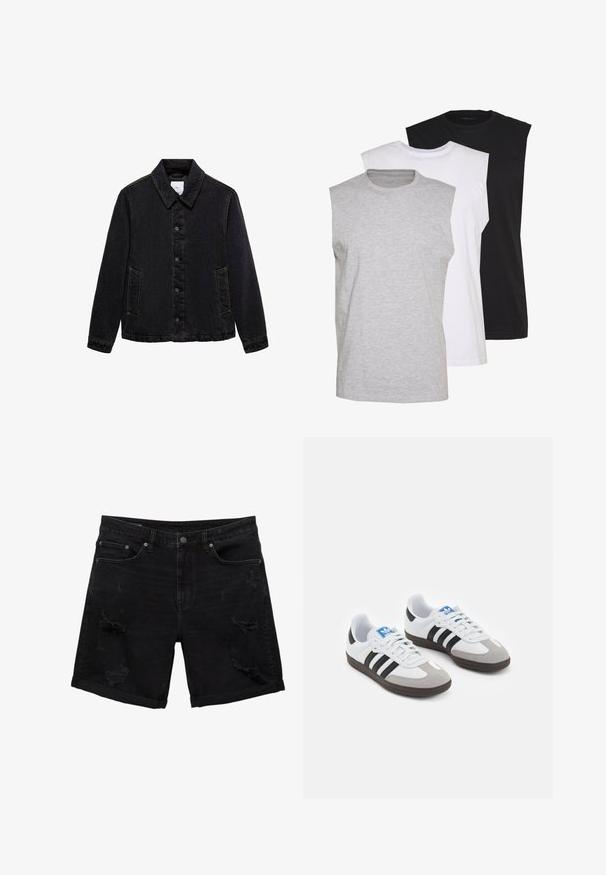 Mustat farkkutakki, jossa on terävä kaulus, etupainikkeet ja kaksi sivutaskua. Ominaisuuksiin kuuluu kontrastiväriset ompeleet ja rento malli.; Kolme ilmanhihaista t-paitaa harmaana, valkoisena ja mustana. Pehmeä puuvillakangas, pyöreä pääntie ja rento malli. Yksinkertainen muotoilu, ei kuvioita.; Mustat farkkushortsit, joissa on rento leikkaus, repaleiset yksityiskohdat, viisi taskua ja käännetyt lahkeet.; Urheilukengät, joissa on valkoinen nahkainen päällinen, harmaa mokkanokka ja kolme mustaa raitaa. Ominaisuuksina sininen logo kielekkeessä ja kuvioitu kumipohja.