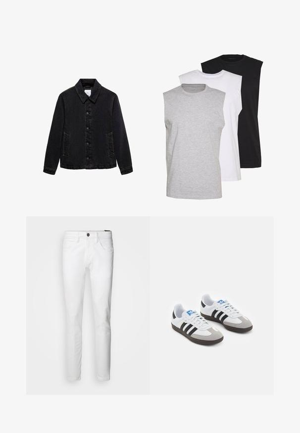 Mustat farkkutakki, jossa on terävä kaulus, etupainikkeet ja kaksi sivutaskua. Ominaisuuksiin kuuluu kontrastiväriset ompeleet ja rento malli.; Kolme ilmanhihaista t-paitaa harmaana, valkoisena ja mustana. Pehmeä puuvillakangas, pyöreä pääntie ja rento malli. Yksinkertainen muotoilu, ei kuvioita.; INDICODE JEANS Slim fit -farkut - white; Urheilukengät, joissa on valkoinen nahkainen päällinen, harmaa mokkanokka ja kolme mustaa raitaa. Ominaisuuksina sininen logo kielekkeessä ja kuvioitu kumipohja.