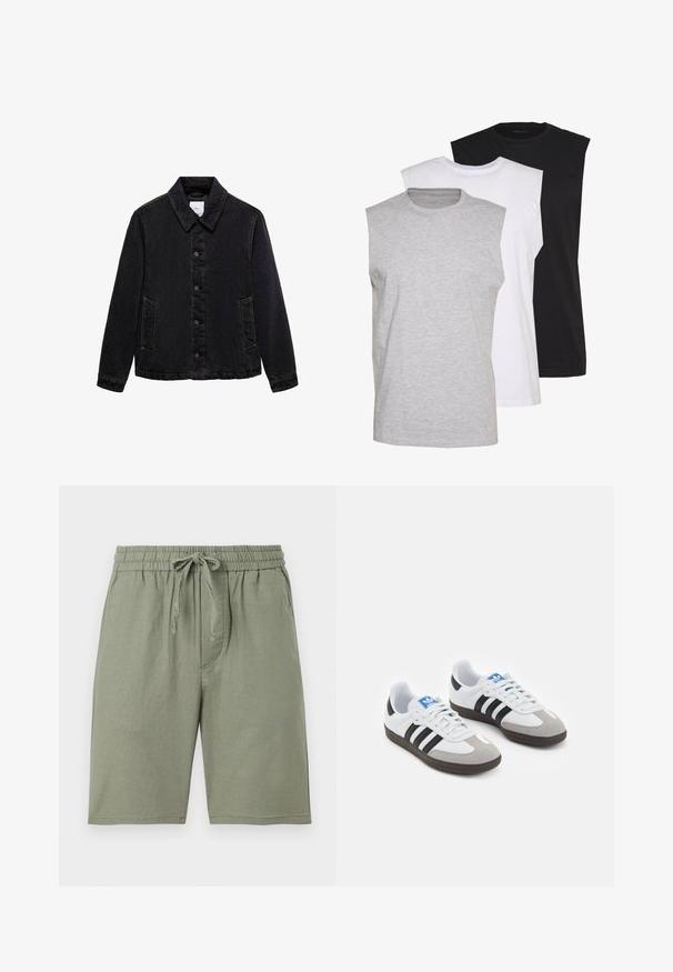 Schwarze Jeansjacke mit spitzem Kragen, Knopfverschluss vorne und zwei seitlichen Taschen. Sie verfügt über kontrastierende Nähte und eine lockere Passform.; Drei ärmellose T-Shirts in Grau, Weiß und Schwarz. Weiches Baumwollmaterial mit Rundhalsausschnitt und lockerer Passform. Einfaches Design, keine Muster.; Helle grüne Baumwollshorts mit einem elastischen Bund und verstellbarem Kordelzug. Mit Seitentaschen und knielanger Passform.; Sportschuhe mit einem Obermaterial aus weißem Leder, grauer Wildleder-Zehenkappe und drei schwarzen Streifen. Sie verfügen über ein blaues Logo auf der Zunge und eine strukturierte Gummisohle.