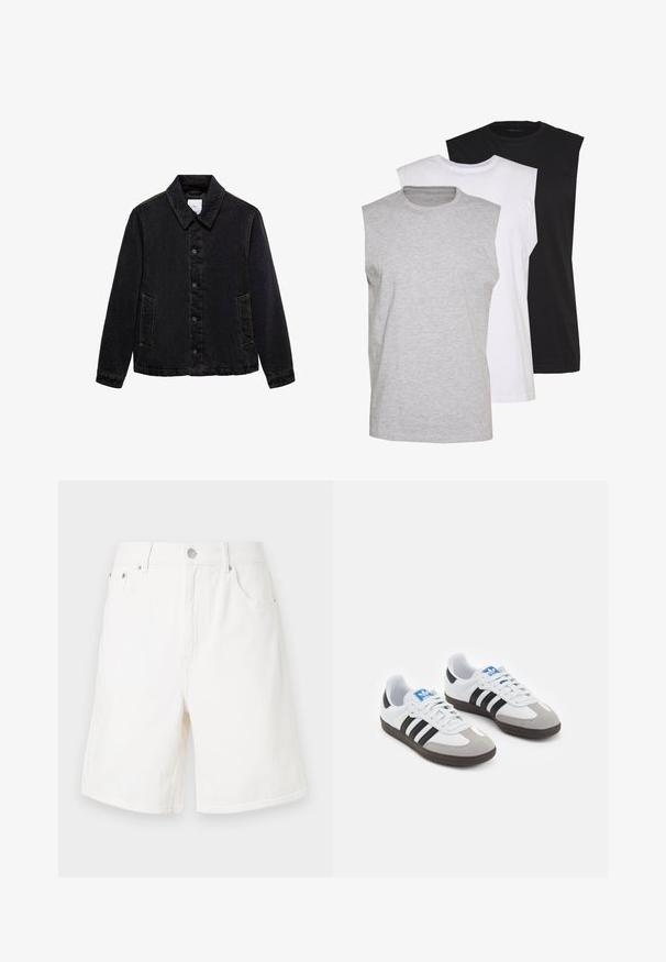 Sort denimjakke med spids krave, frontlukning med knapper og to sidelommer. Har kontrastsyede detaljer og en afslappet pasform.; Tre ærmeløse t-shirts i grå, hvid og sort. Blødt bomuldsmateriale med rund hals og afslappet pasform. Enkel design, ingen mønstre.; Hvide denimshorts med lige pasform, fem lommer og sølvknaplukning. Har et robust tekstur og kantede kanter.; Sportsko med en overdel i hvid læder, grå ruskind på tåen og tre sorte striber. Har et blåt logo på tungen og en struktureret gummisål.