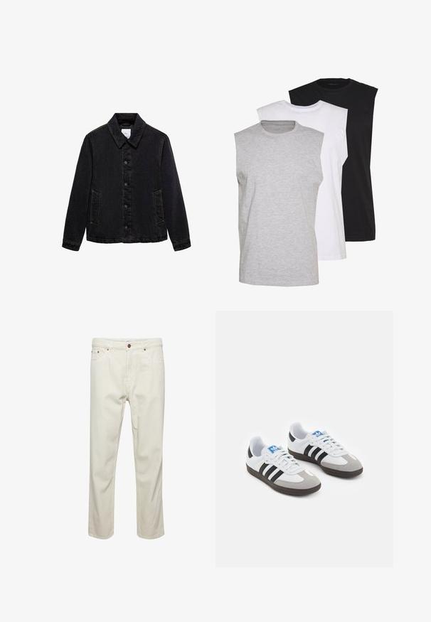 Čierna džínsová bunda s špicatým golierom, predným zapínaním na gombíky a dvomi bočnými vreckami. Má kontrastné prešívanie a voľný strih.; Tričko bez rukávov v šedé, bílé a černé barvě. Měkký bavlněný materiál s kulatým výstřihem a volným střihem. Jednoduchý design, bez vzorů.; Bežové bavlnené nohavice so strihom v rovnom riešení, piatimi vreckami, zapínaním na gombík a jemnými švovými detailmi. Hladká textúra bez viditeľných vzorov.; Športové topánky s bielym koženým zvrškom, šedou semišovou špičkou a tromi čiernymi pruhmi. Obsahujú modré logo na jazyku a štruktúrovanú gumovú podrážku.