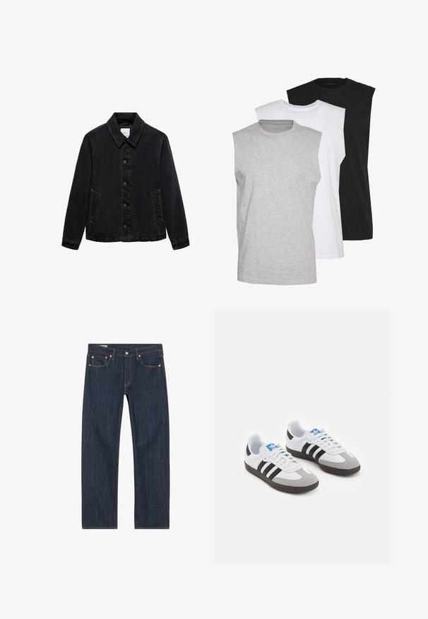 Mustat farkkutakki, jossa on terävä kaulus, etupainikkeet ja kaksi sivutaskua. Ominaisuuksiin kuuluu kontrastiväriset ompeleet ja rento malli.; Kolme ilmanhihaista t-paitaa harmaana, valkoisena ja mustana. Pehmeä puuvillakangas, pyöreä pääntie ja rento malli. Yksinkertainen muotoilu, ei kuvioita.; Tummansiniset farkut suoran leikkauksen omaavina, joissa on kupariset niitit, keltaiset ompeleet ja etutaskut. Sujuva pinta, jossa on minimaaliset muotoilutiedot.; Urheilukengät, joissa on valkoinen nahkainen päällinen, harmaa mokkanokka ja kolme mustaa raitaa. Ominaisuuksina sininen logo kielekkeessä ja kuvioitu kumipohja.