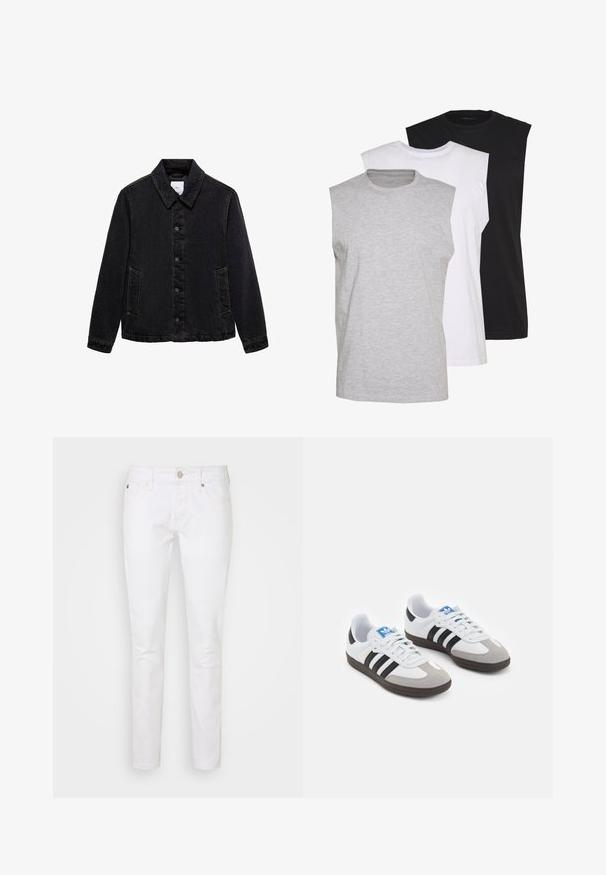 Jachetă din denim negru cu guler ascuțit, închidere cu nasturi în față și două buzunare laterale. Prezintă cusături în contrast și o croială lejeră.; Trei tricouri fără mâneci, în culorile gri, alb și negru. Material moale din bumbac, cu guler rotund și croi lejer. Design simplu, fără modele.; Jeans din denim alb cu o croială slim, având un design clasic cu cinci buzunare, închidere cu nasture și detalii de cusătură subtile.; Încălțăminte sport cu un superior din piele albă, vârf din suede gri și trei dungi negre. Prezintă un logo albastru pe limbă și o talpă din cauciuc texturat.