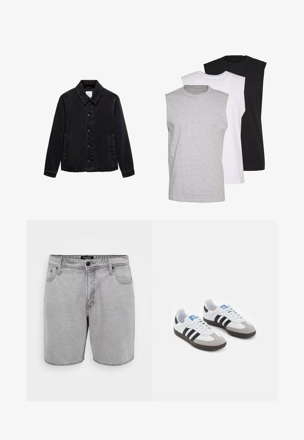 Czarna kurtka dżinsowa z wywiniętym kołnierzem, zapięciem na guziki z przodu i dwoma bocznymi kieszeniami. Posiada kontrastowe przeszycia oraz luźny krój.; Trzy bezrękawniki w kolorach szarym, białym i czarnym. Wykonane z miękkiej bawełny, z okrągłym dekoltem i luźnym krojem. Prosty design, bez wzorów.; Szare dżinsowe szorty o prostym kroju, z przednimi kieszeniami, zapięciem na guzik oraz klasycznym pięciokieszeniowym designem.; Buty sportowe z białą skórzaną cholewką, szarym zamszowym noskiem i trzema czarnymi paskami. Posiadają niebieskie logo na języku oraz teksturowaną gumową podeszwę.