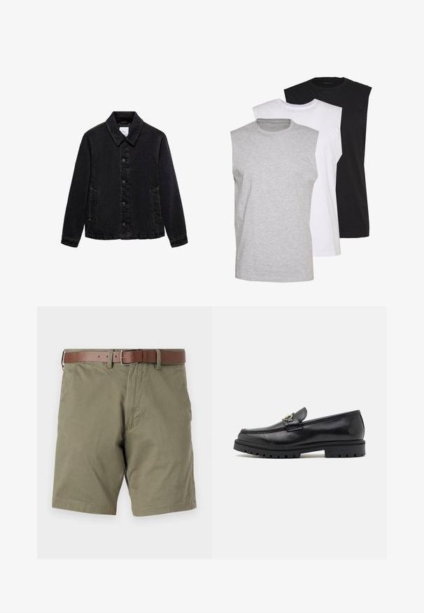 Černá džínsová bunda s špičatým límcem, předním zapínáním na knoflíky a dvěma bočními kapsami. Vybavená kontrastním šitím a uvolněným střihem.; Tři bezrukávové trička v šedé, bílé a černé barvě. Měkký bavlněný materiál s kulatým výstřihem a uvolněným střihem. Jednoduchý design, žádné vzory.; Olivově zelené šortky z látky, s hnědým koženým páskem, předními kapsami a rovním lemem. Hladký povrch a volný design.; Černé kožené mokasíny s hladkým povrchem, kulatou špičkou, ozdobným páskem se zlatou kovovou sponou a robustní černou podrážkou.