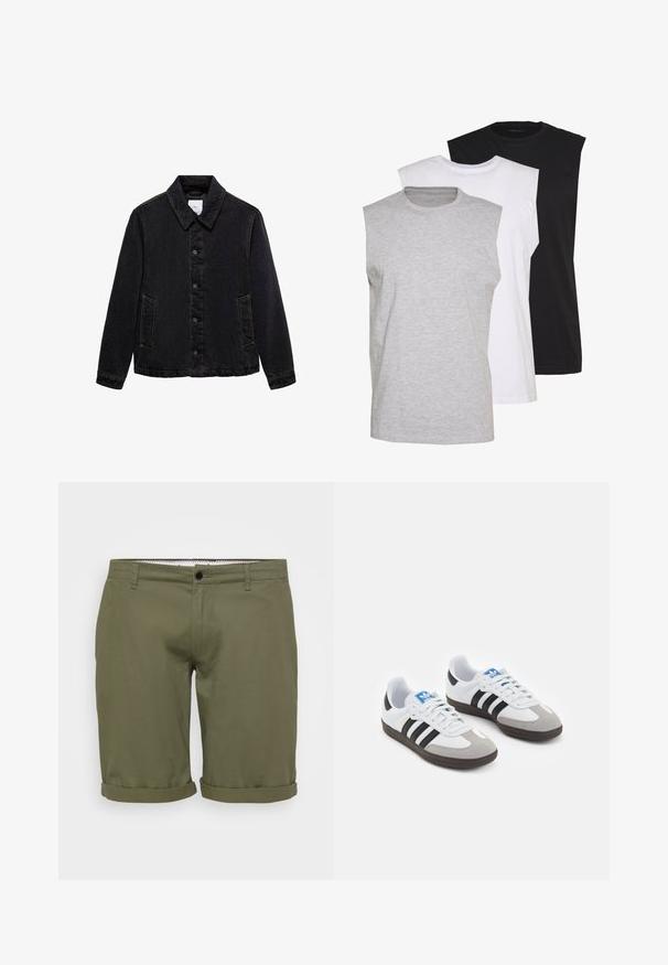 Veste en denim noir avec col pointu, fermeture à boutons sur le devant et deux poches latérales. Présente des coutures contrastées et une coupe décontractée.; Trois t-shirts sans manches en gris, blanc et noir. Tissu en coton doux avec un col rond et une coupe décontractée. Design simple, sans motifs.; Shorts vert olive avec une texture lisse, ourlets retroussés, bouton à la taille avant et poches latérales. Design simple et ajusté pour un look décontracté.; Baskets avec une tige en cuir blanc, un bout en daim gris et trois bandes noires. Présente un logo bleu sur la languette et une semelle en caoutchouc texturée.
