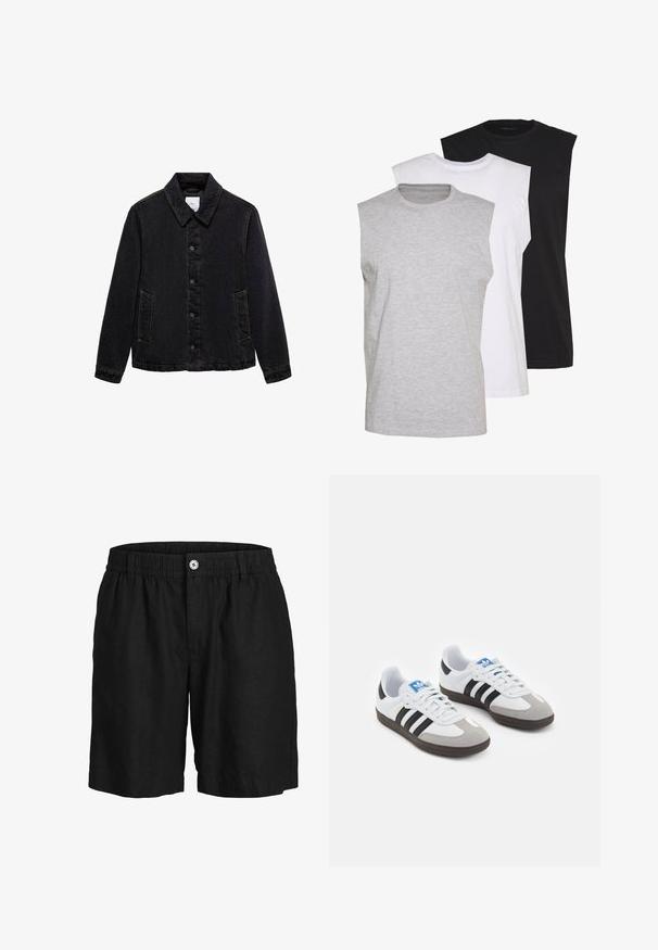 Black denim jacket with a pointed collar, front button closure, and two side pockets. Features contrasting stitching and a relaxed fit.; Three sleeveless t-shirts in gray, white, and black. Soft cotton material with a crew neck and relaxed fit. Simple design, no patterns.; Jack & Jones Shorts - black onyx; Sport shoes with a white leather upper, gray suede toe, and three black stripes. Features a blue logo on the tongue and a textured rubber sole.