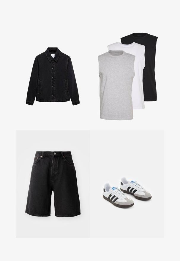 Čierna džínsová bunda s špicatým golierom, predným zapínaním na gombíky a dvomi bočnými vreckami. Má kontrastné prešívanie a voľný strih.; Tričko bez rukávov v šedé, bílé a černé barvě. Měkký bavlněný materiál s kulatým výstřihem a volným střihem. Jednoduchý design, bez vzorů.; Čierne džínsové šortky s voľným strihom, s medenými detailmi, piatimi vreckami a rovný lem. Tkanina má mäkký, textúrovaný povrch.; Športové topánky s bielym koženým zvrškom, šedou semišovou špičkou a tromi čiernymi pruhmi. Obsahujú modré logo na jazyku a štruktúrovanú gumovú podrážku.