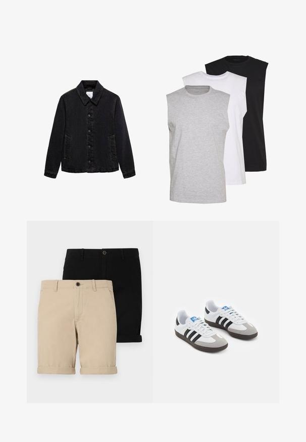Čierna džínsová bunda s špicatým golierom, predným zapínaním na gombíky a dvomi bočnými vreckami. Má kontrastné prešívanie a voľný strih.; Tričko bez rukávov v šedé, bílé a černé barvě. Měkký bavlněný materiál s kulatým výstřihem a volným střihem. Jednoduchý design, bez vzorů.; Dva páry krátkych nohavíc: jedny béžové a jedny čierne, vyrobené z hladkej látky, s predným gombíkom a klasickým dizajnom.; Športové topánky s bielym koženým zvrškom, šedou semišovou špičkou a tromi čiernymi pruhmi. Obsahujú modré logo na jazyku a štruktúrovanú gumovú podrážku.