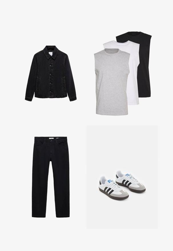 Jachetă din denim negru cu guler ascuțit, închidere cu nasturi în față și două buzunare laterale. Prezintă cusături în contrast și o croială lejeră.; Trei tricouri fără mâneci, în culorile gri, alb și negru. Material moale din bumbac, cu guler rotund și croi lejer. Design simplu, fără modele.; Jeans negri din denim cu croi drept, având cinci buzunare, închidere cu un nasture în față și detalii subtile de cusătură pe cusături.; Încălțăminte sport cu un superior din piele albă, vârf din suede gri și trei dungi negre. Prezintă un logo albastru pe limbă și o talpă din cauciuc texturat.