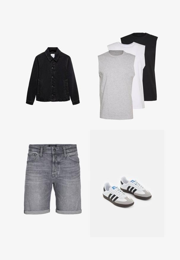 Černá džínsová bunda s špičatým límcem, předním zapínáním na knoflíky a dvěma bočními kapsami. Vybavená kontrastním šitím a uvolněným střihem.; Tři bezrukávové trička v šedé, bílé a černé barvě. Měkký bavlněný materiál s kulatým výstřihem a uvolněným střihem. Jednoduchý design, žádné vzory.; Šedé denimové šortky s mírně opotřebovaným vzhledem, s ohrnutým lemem, pětidílným designem kapes a zapínáním na knoflík. Nálepka: JACK & JONES.; Sportovní boty s bílým koženým svrškem, šedou semišovou špičkou a třemi černými pruhy. Obsahují modré logo na jazyku a texturovanou gumovou podrážku.