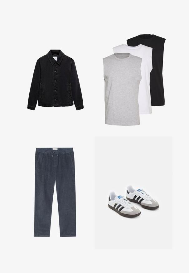 Crna traper jakna s šiljastim ovratnikom, prednjim kopčanjem na dugmad i dva bočna džepa. Sadrži kontrastne šavove i ležeran kroj.; Trii bezrukavnih majica u sivoj, bijeloj i crnoj boji. Mekani pamučni materijal s okruglim izrezom i opuštenim krojem. Jednostavan dizajn, bez uzoraka.; Mornarice od ripstopa s elastičnom naramenicom i trakom za zatezanje; imaju bočne džepove i vertikalnu teksturu rebrastog materijala. Ravne nogavice.; Sportske cipele s gornjištem od bijele kože, sivi suedinasti nos i tri crne pruge. Imaju plavi logo na jeziku i teksturiranu gumenu podlogu.