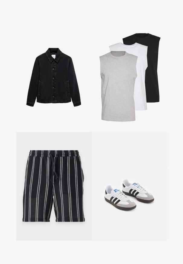Crna traper jakna s šiljastim ovratnikom, prednjim kopčanjem na dugmad i dva bočna džepa. Sadrži kontrastne šavove i ležeran kroj.; Trii bezrukavnih majica u sivoj, bijeloj i crnoj boji. Mekani pamučni materijal s okruglim izrezom i opuštenim krojem. Jednostavan dizajn, bez uzoraka.; Crno-bijele prugaste kratke hlače s elastičnim pojasom, zatvaranjem na vezicu i teksturiranim materijalom. Duljina do sredine bedara.; Sportske cipele s gornjištem od bijele kože, sivi suedinasti nos i tri crne pruge. Imaju plavi logo na jeziku i teksturiranu gumenu podlogu.
