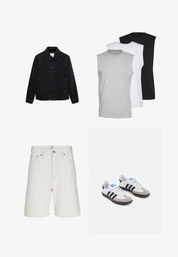 Čierna džínsová bunda s špicatým golierom, predným zapínaním na gombíky a dvomi bočnými vreckami. Má kontrastné prešívanie a voľný strih.; Tričko bez rukávov v šedé, bílé a černé barvě. Měkký bavlněný materiál s kulatým výstřihem a volným střihem. Jednoduchý design, bez vzorů.; Biele deninové šortky so striženým strihom, s patentovým zapínaním, piatimi vreckami a kovovými prvkami na zapínanie a akcenty.; Športové topánky s bielym koženým zvrškom, šedou semišovou špičkou a tromi čiernymi pruhmi. Obsahujú modré logo na jazyku a štruktúrovanú gumovú podrážku.