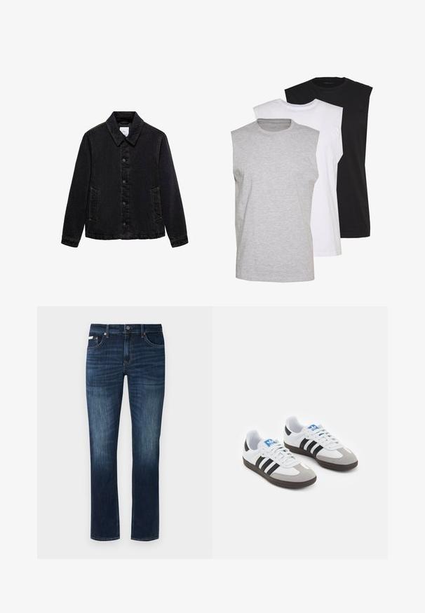 Jachetă din denim negru cu guler ascuțit, închidere cu nasturi în față și două buzunare laterale. Prezintă cusături în contrast și o croială lejeră.; Trei tricouri fără mâneci, în culorile gri, alb și negru. Material moale din bumbac, cu guler rotund și croi lejer. Design simplu, fără modele.; Jeans de denim albastru închis cu o croială dreaptă, având un design clasic cu cinci buzunare, accesorii din cupru și detalii subtile de decolorare.; Încălțăminte sport cu un superior din piele albă, vârf din suede gri și trei dungi negre. Prezintă un logo albastru pe limbă și o talpă din cauciuc texturat.