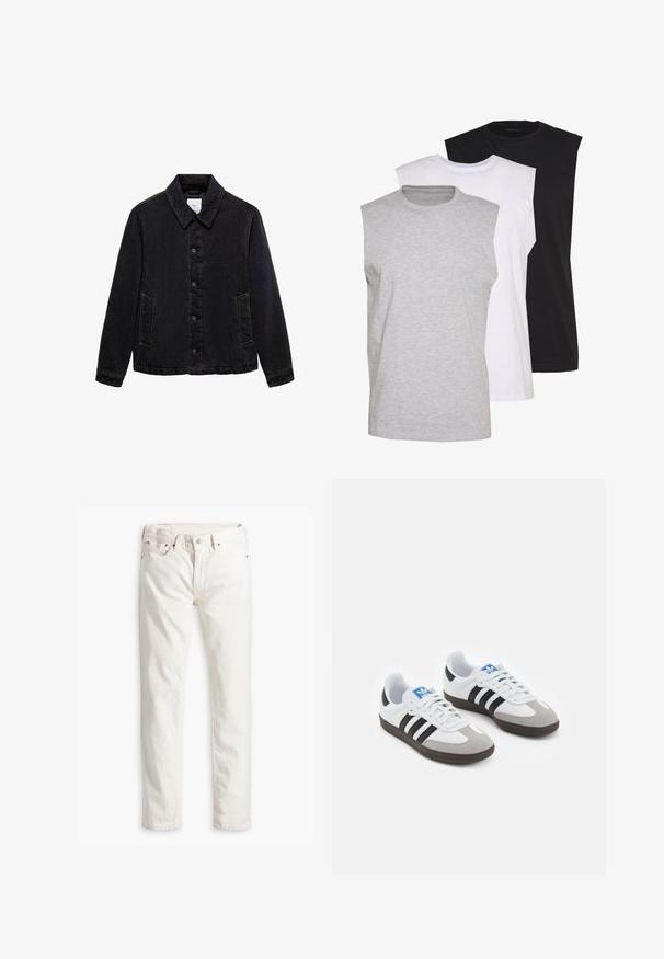 Crna traper jakna s šiljastim ovratnikom, prednjim kopčanjem na dugmad i dva bočna džepa. Sadrži kontrastne šavove i ležeran kroj.; Trii bezrukavnih majica u sivoj, bijeloj i crnoj boji. Mekani pamučni materijal s okruglim izrezom i opuštenim krojem. Jednostavan dizajn, bez uzoraka.; Bijele traperice ravnog kroja s pet džepova, bakrenim gumbom i zakovicama te suptilnom teksturiranom tkaninom. Nema vidljivih uzoraka.; Sportske cipele s gornjištem od bijele kože, sivi suedinasti nos i tri crne pruge. Imaju plavi logo na jeziku i teksturiranu gumenu podlogu.