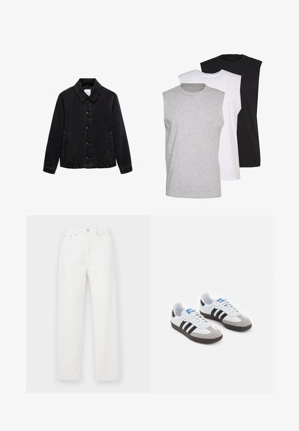 Czarna kurtka dżinsowa z wywiniętym kołnierzem, zapięciem na guziki z przodu i dwoma bocznymi kieszeniami. Posiada kontrastowe przeszycia oraz luźny krój.; Trzy bezrękawniki w kolorach szarym, białym i czarnym. Wykonane z miękkiej bawełny, z okrągłym dekoltem i luźnym krojem. Prosty design, bez wzorów.; Białe dżinsy o luźnym kroju, z pięcioma kieszeniami, z zapięciem na guzik z przodu i prostymi nogawkami. Gładka faktura, bez widocznych wzorów.; Buty sportowe z białą skórzaną cholewką, szarym zamszowym noskiem i trzema czarnymi paskami. Posiadają niebieskie logo na języku oraz teksturowaną gumową podeszwę.