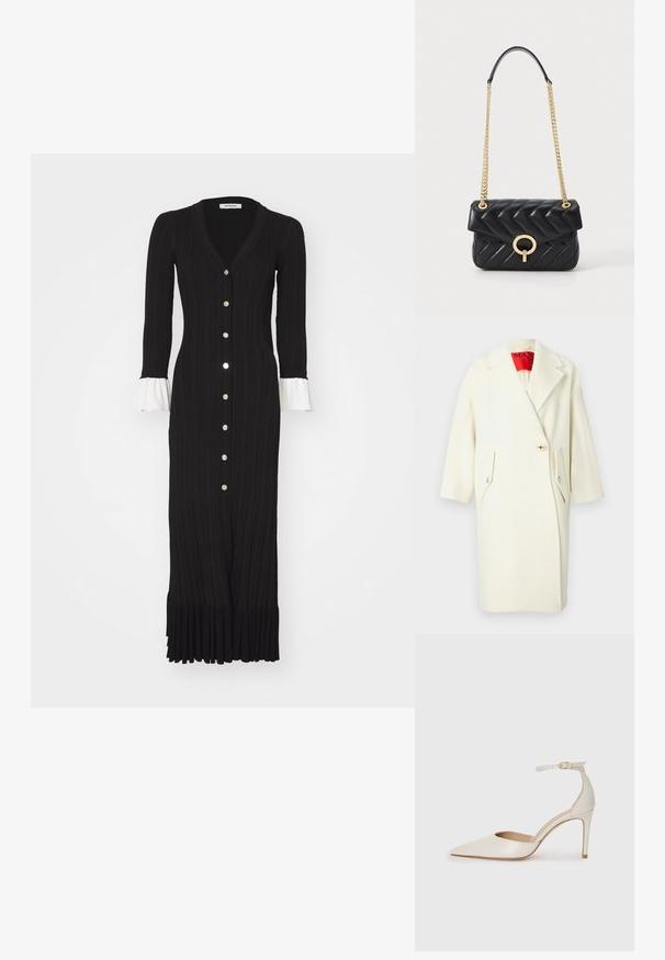 Kaput od mješavine vune boje kreme s širokim reverom, zatvaranjem na jedan gumb i dva kosa džepa s klapnama. Ima kratke rukave i crvenu unutarnju etiketu.; sandro NARA - Haljina s naramenicama - noir; Bijela kožna visoko potpetica s oštrim vrhom, remenom oko članaka i tankom stiletto potpeticom. Glatka tekstura s blagim sjajnim završetkom.; Crna jastučićasta kožna torbica s zlatnim lancem, koja ima zaobljeni zlatni kopčajući mehanizam i preklopno zatvaranje. Kompaktna pravokutna forma.