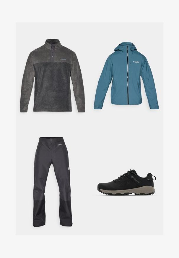 Lengvas, vandeniui atsparus mėlynas džemperis su kapišonu, priekiniais užtrauktukais ir reguliuojamais rankogaliais. Kraitė turi logotipą ant krūtinės ir šonines kišenes.; Pilkas vilnonis bliuzonas su aukštu kaklu, keturių mygtukų užtrauktuku ir audinio kontrastu ant pečių. Puošia logo "Columbia" ant krūtinės.; Juodos vandeniui atsparios kelnės su lygiu paviršiumi, su GORE-TEX logotipu priekyje ir sustiprintomis apačiomis dėl ilgaamžiškumo.; Juodas žygio batukas su lygiu viršumi, perforuotu dizainu, pilku padu ir sustiprintu kulnu. Yra raišteliai ir kilputė, skirta patogiam užsivilkimui.