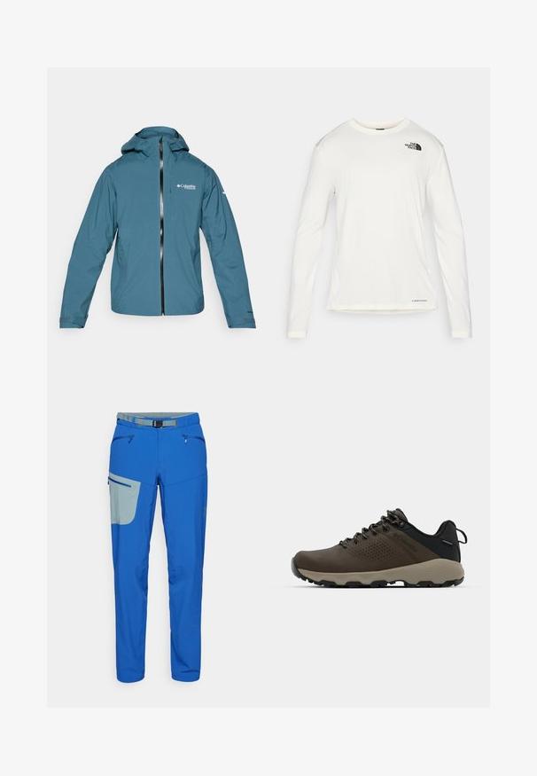 Kerge, veekindel sinine jope kapuutsiga, esise paigaldusluku ja reguleeritavate mansettidega. Ees on logo rinnal ja külgpockets.; Valge pika varrukaga särk ümmarguse kaelusega, tekstuuriga kangas, must logo vasakul õlal ja peen bränding alt. ; Sinised välistooted, millel on heledat halli tooni aktsenttasku, varustatud lukuga taskutega, reguleeritava vöökohtaga ja kitsenevate jalgadega.; Kohandatud veekindlad pruunid spordijalatsid tekstuuriga pealisega, perforatsioonidega detailid, must kandetoetav osa ja hall kummine sisetald. Paelad on metallist otstega.