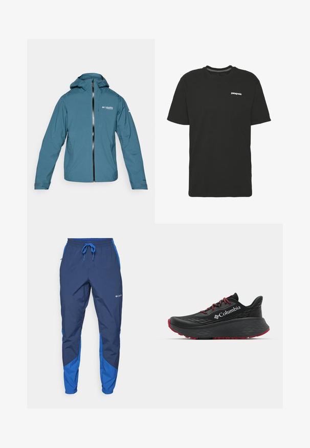 Lagani, vodootporni plavi kaput s kapuljačom, prednjim zatvaračem i podesivim manžetama. Ima logo na prsima i bočne džepove.; Crna pamučna majica s kratkim rukavima, okruglim izrezom i malim bijelim logotipom "Patagonia" na prsima. Jednostavan, neukrašen dizajn.; Columbia COLUMBIA TECH™ PANT - Hlače za otvoreno - collegiate navy; Crne sportske cipele s teksturiranim gornjim dijelom, crvenim vezicama i logom. Debeli đon s uzorkom za prianjanje. Minimalistički dizajn, bočni prikaz.