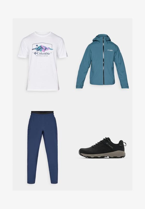 Lehká, voděodolná modrá bunda s kapucí, předním zipem a nastavitelnými manžetami. Obsahuje logo na hrudi a boční kapsy.; Bílá bavlněná tričko s grafikou hory v purpurové a tyrkysové barvě, s textem "Columbia Sportswear Company" pod návrhem.; Námořnické modré sportovní kalhoty vyrobené z lehkého materiálu. Mají elastický černý pas a úzký střih nohavic s minimálním množstvím švů.; Černá turistická bota s hladkým svrškem, perforovaným designem, šedou podrážkou a zesíleným patou. Obsahuje tkaničky a poutko pro snadné obutí.