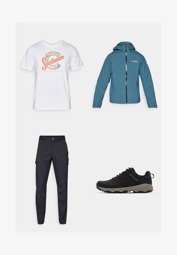 Kerge, veekindel sinine jope kapuutsiga, esise paigaldusluku ja reguleeritavate mansettidega. Ees on logo rinnal ja külgpockets.; Valge puuvillane T-särk, millel on mitmevärviline "Spordirõivad" graafika, geomeetrilised mustrid ja aktsendid, ümmargune kaelus ning lühikesed varrukad.; Tumedad laevad, mis on valmistatud vastupidavast kangast, nupuga kinnitusega, viie taskuga ja kitsenevate jalgadega, millel on kerge tekstuur.; Mustad matkajalanõud musta ülemise osaga, sileda pinnaga, perforatsiooni disainiga, hallal väljal ja tugevdatud kontsaga. Omab paelu ja tõmbetaba lihtsaks selga panemiseks.