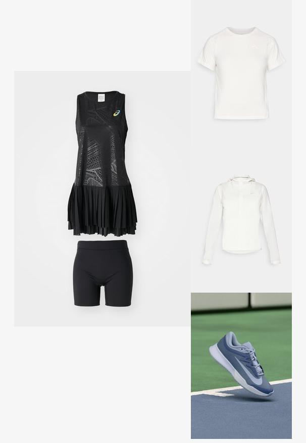 Chaqueta blanca de Nike con capucha, cremallera completa, puños elásticos y un logo sutil en el pecho. Textura suave y diseño ligero.; ASICS MATCH CAPSULE DRESS SET - Vestido de deporte - performance black; Camiseta blanca ligera con mangas cortas, cuello redondo y un pequeño logo en la esquina superior izquierda. Tejido suave con un sutil brillo.; Zapatilla deportiva en azul claro y marino, con un upper texturizado, cordones planos y una suela blanca ligera. Elevada por encima de una superficie de cancha.