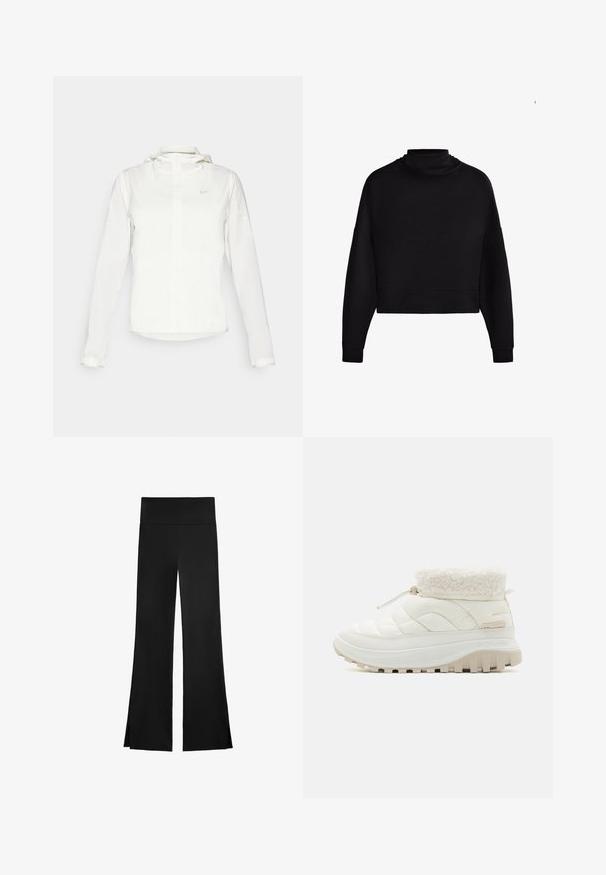 Giacca Nike bianca con cappuccio, zip completa, polsini elasticizzati e un logo discreto sul petto. Texture liscia e design leggero.; Felpa nera a maniche lunghe e cropped con colletto alto e polsini a costine, mostrata su uno sfondo bianco.; Pantaloni neri con una linea a gamba larga, dotati di una vita alta e fessure laterali per facilitare il movimento. Realizzati in un tessuto morbido ed elasticizzato.; Stivale bianco trapuntato a metà polpaccio con colletto in ecopelliccia, chiusura con lacci elastici e suola in gomma spessa con profonde scanalature per garantire una buona aderenza.