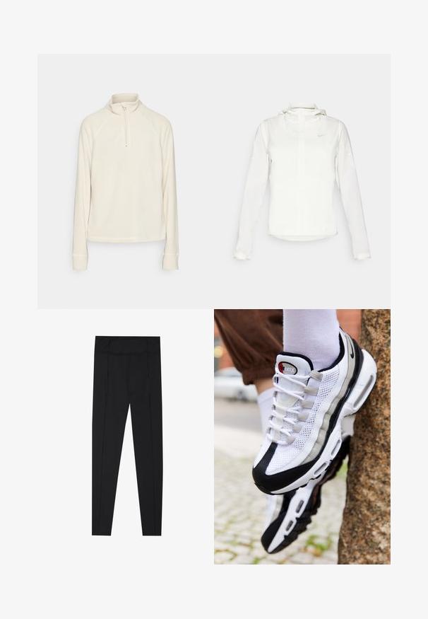 Weiße Nike-Jacke mit Kapuze, durchgehendem Reißverschluss, elastischen Bündchen und einem dezenten Logo auf der Brust. Glatte Textur und leichtes Design.; ONLY Play ONPINO LS - Fleecepullover - pumice stone; Schwarze Leggings mit einer glatten Textur, hohem Bund und Nähdetails an den Seiten. Schlank geschnitten, geeignet für verschiedene Aktivitäten.; Weiße und schwarze Mesh-Sneaker mit einem glatten silbernen Akzent, abgerundetem Zehenbereich, Schnürung und gepolsteter Sohle.