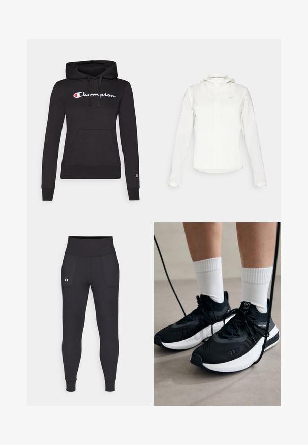 Balta Nike jaka ar kapuci, pilna rāvējslēdzēja, elastīgām piedurknēm un diskrētu logotipu uz krūšu daļas. Gluda tekstūra un viegla konstrukcija.; Melnā kapuce, kas izgatavota no mīkstas auduma, ar regulējamu kapuci, priekšējo kangaru kabatu un baltu izšūtu "Champion" logotipu uz krūtīm.; Melnas sporta legingi, kas izgatavoti no stiepjama materiāla, ar augstu jostasvietu, sānu kabatām un pieguļošiem anklets.; Melni sporta apavi ar strukturētu audumu, balta zole un melni šņores. Valkāti ar baltām ribotām zeķēm, stāvot uz gaišas virsmas.