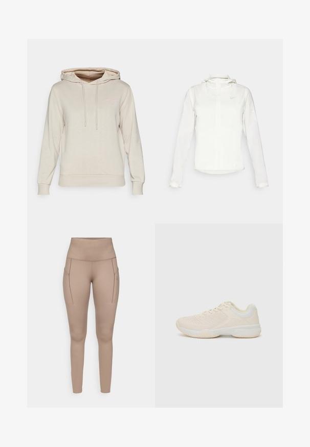 Bílá bunda Nike s kapucí, plným zipem, elastickými manžetami a decentním logem na hrudi. Hladká textura a lehký design.; Béžová mikina s kapucí vyrobená z měkké tkaniny, s přední kapsou ve stylu klokánka, nastavitelnými šňůrkami a decentním růžovým logem na hrudi.; Béžové sportovní legíny s vysokým pasem, s dvěma bočními kapsami a hladkým, pružným materiálem. Discreetní detail loga v šedé barvě.; Svetle béžová sportovní bota s texturovaným svrškem, kontrastními bílými akcenty, kulatou špičkou a flexibilní gumovou podrážkou.