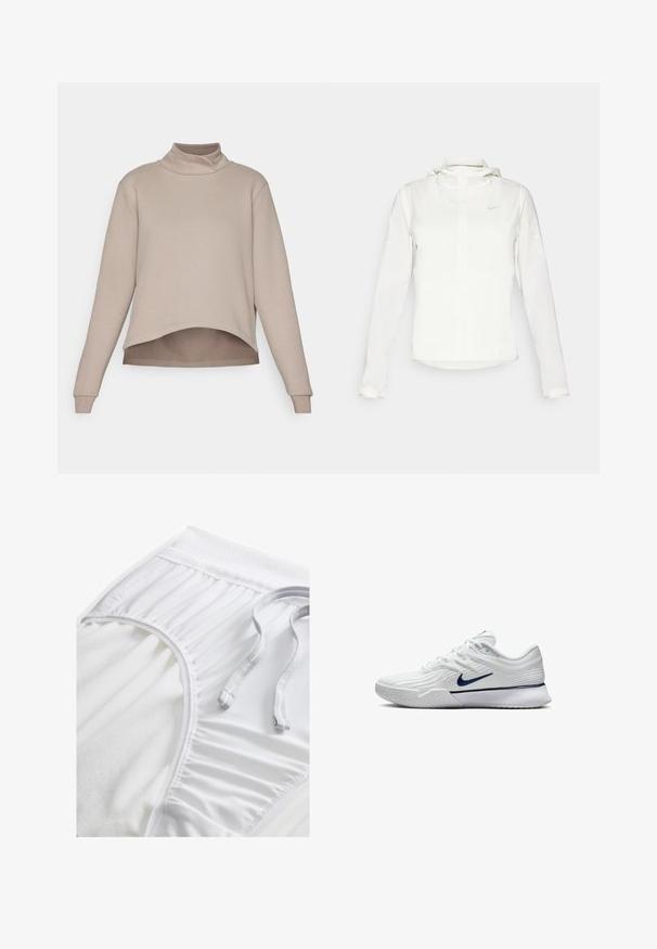 Witte Nike-jack met een capuchon, volledige rits, elastische manchetten en een subtiele logo op de borst. Gladde textuur en lichtgewicht ontwerp.; Yogasearcher BOTHI - Sweater - cacao; Witte sportshorts met een gestructureerde tailleband, geplooide zijkanten en een platte trekkoord. Zachte stof met een gladde afwerking.; Witte sportschoen met een gestructureerde mesh bovenkant, marineblauwe accenten en een gevoerde zool met een gemusterde grip. Veters geïntegreerd in het ontwerp.