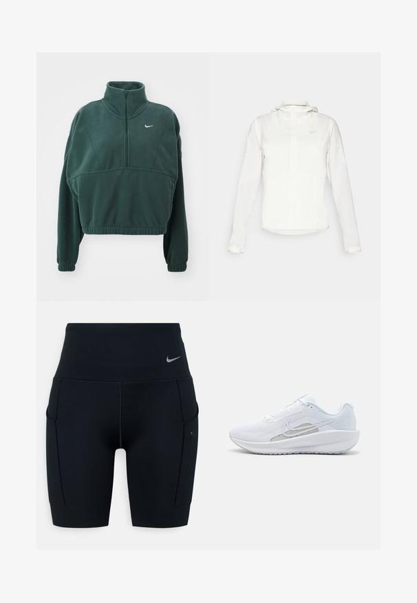 Giacca Nike bianca con cappuccio, zip completa, polsini elasticizzati e un logo discreto sul petto. Texture liscia e design leggero.; Nike Performance ONE - Felpa in pile - vintage green/white; Shorts sportivi neri a vita alta realizzati in materiale elasticizzato; presentano tasche laterali e un piccolo logo Nike sulla vita.; Scarpa sportiva bianca con tomaia in rete, punta arrotondata e suola testurizzata. Presenta il logo Nike in argento e un design minimalista.