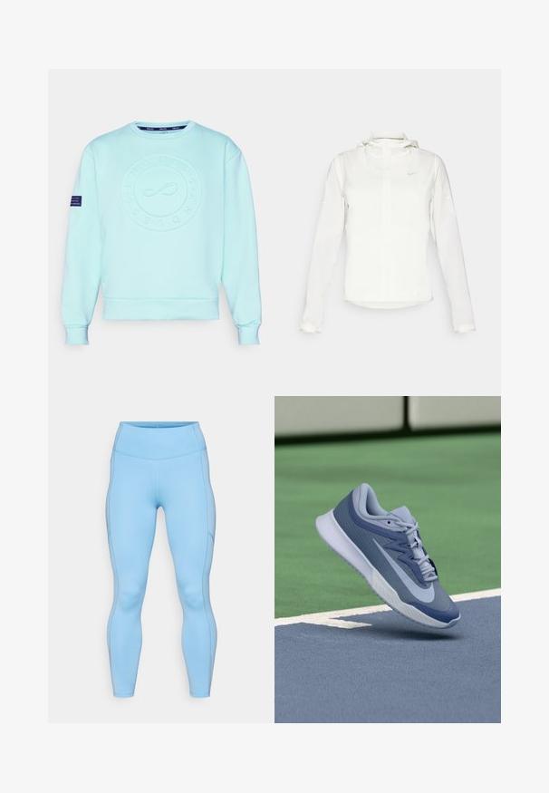 Biela Nike bunda s kapucňou, plným zipsom, elastickými manžetami a jemným logom na hrudi. Hladká textúra a ľahký dizajn.; Endless SUDADERA SWELL - Mikina - aqua; Svetlomodré legíny vyrobené z elastického materiálu. Obsahujú vysoký pás, hladký povrch a zakrivené švy pozdĺž nôh.; Športové tenisky v svetlomodrej a námorníckej farebnej kombinácii, s textúrovaným zvrškom, plochými šnúrkami a ľahkou bielou podrážkou. Vyvýšené nad povrchom ihriska.