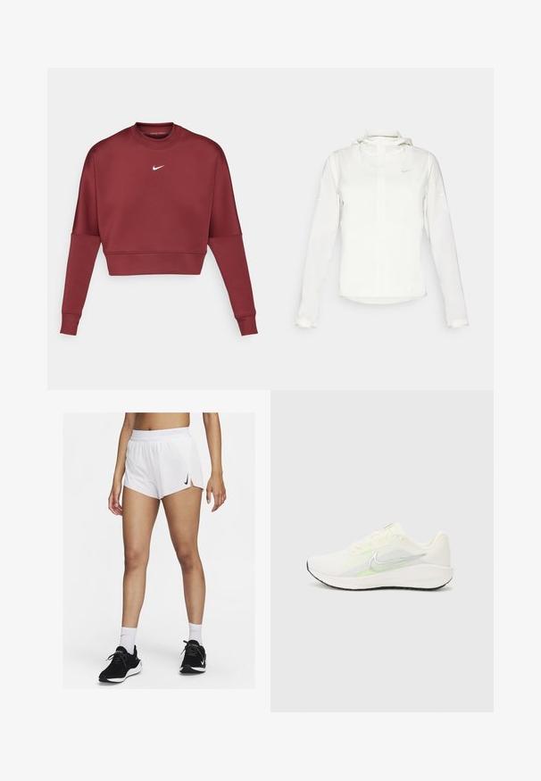 Biała kurtka Nike z kapturem, na zamek błyskawiczny, elastyczne mankiety i subtelne logo na piersi. Gładka tekstura i lekka konstrukcja.; Maroonowa krótka bluza z miękkiego materiału, z długimi rękawami, okrągłym dekoltem i małym białym logo Nike na piersi.; Białe sportowe szorty z prążkowanym pasem, bocznymi rozporkami i czarnym logo Nike. Noszone z czarnymi trampkami i białymi skarpetami za kostkę.; Nike Performance DOWNSHIFTER 13 biały