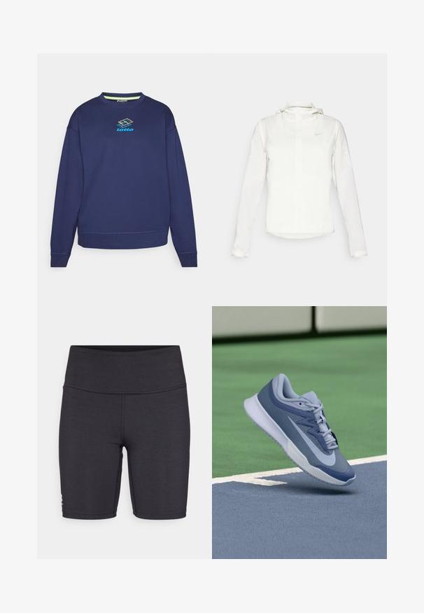 White Nike jacket with a hood, full zip, elastic cuffs, and a subtle logo on the chest. Smooth texture and lightweight design.; Navy blue sweatshirt made of cotton blend, featuring a crew neck, long sleeves, and a multicolored Lotto logo at the center.; Black athletic shorts made of stretchy fabric, featuring a high waistband and flatlock stitching details. Designed for comfort and mobility.; Sport sneaker in light blue and navy, featuring a textured upper, flat laces, and a lightweight white sole. Elevated above a court surface.