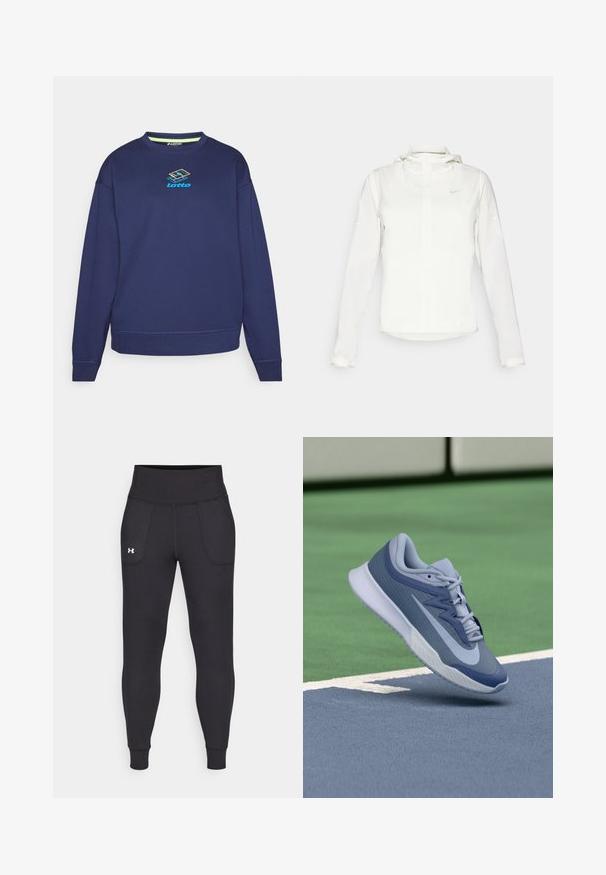 Bílá bunda Nike s kapucí, plným zipem, elastickými manžetami a decentním logem na hrudi. Hladká textura a lehký design.; Námořnická modrá mikina z bavlněné směsi, s kulatým výstřihem, dlouhými rukávy a duhovým logem Lotto uprostřed.; Černé sportovní legíny vyrobené z elastického materiálu, s vysokým pasem, bočními kapsami a úzkými manžetami na kotnících.; Sportovní tenisky v světle modré a námořnické barvě, s texturovaným svrškem, plochými tkaničkami a lehkou bílou podrážkou. Zvýšené nad povrchem kurtu.