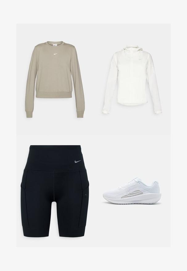 Giacca Nike bianca con cappuccio, zip completa, polsini elasticizzati e un logo discreto sul petto. Texture liscia e design leggero.; Felpa Nike di un beige chiaro con maniche lunghe, scollo a girocollo e logo sottile in bianco sul petto. Tessuto morbido con una vestibilità rilassata.; Shorts sportivi neri a vita alta realizzati in materiale elasticizzato; presentano tasche laterali e un piccolo logo Nike sulla vita.; Scarpa sportiva bianca con tomaia in rete, punta arrotondata e suola testurizzata. Presenta il logo Nike in argento e un design minimalista.