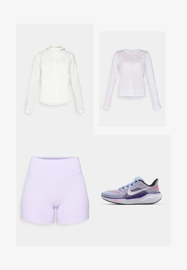 Giacca Nike bianca con cappuccio, zip completa, polsini elasticizzati e un logo discreto sul petto. Texture liscia e design leggero.; New Balance ATHLETICS LONG SLEEVE - Maglietta a manica lunga - taro heather; Shorts alti in lilla realizzati in tessuto elasticizzato. Caratterizzati da cuciture piatte e un design aderente con una superficie liscia.; Scarpa da corsa Nike di colore blu chiaro con tomaia in rete, accenti viola, tallone nero e suola bianca con marchio "AIR 200" in rosso.