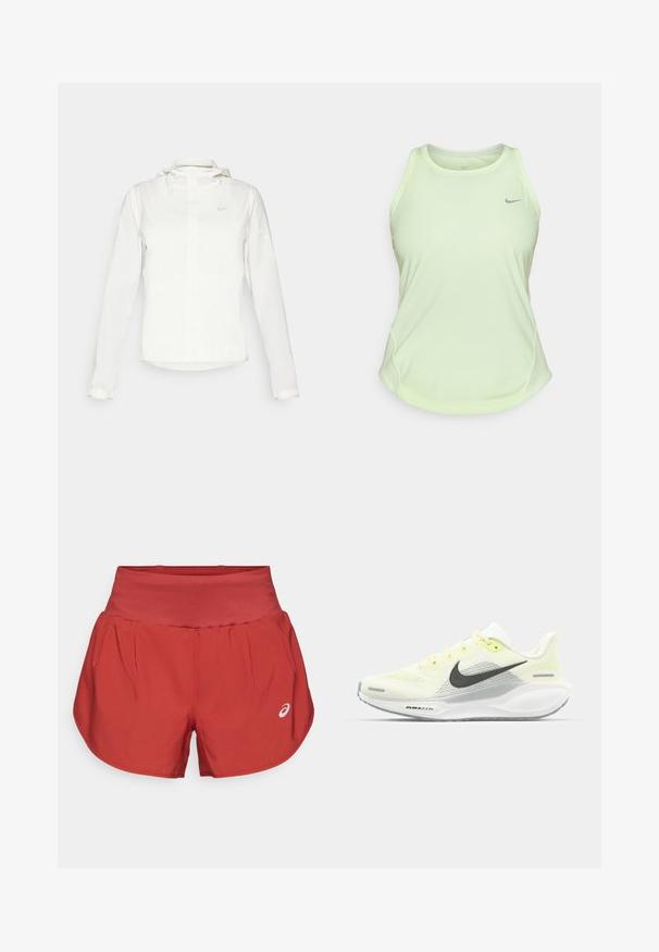 Valkoinen Nike-takki hupulla, täyspitkällä vetoketjulla, joustavilla hihansuilla ja hillityllä logolla rinnassa. Sujuva pinta ja kevyt muotoilu.; Vaaleanvihreä urheilutoppi, joka on valmistettu hengittävästä kankaasta. Topissa on pyöreä kaula-aukko, leveät olkaimet ja pieni harmaa logo rinnassa.; Punainen urheilushortsit, joissa on litteä vyötärö, sivuilla laskokset ja pieni valkoinen logo edessä. Sujuva kangas, hieman levenevä leikkaus.; Nike juoksukengät, joissa on vaaleankeltainen ja valkoinen verkko-osa, harmaita yksityiskohtia ja joustava kumipohja. Varusteet nauhakiinnityksellä.
