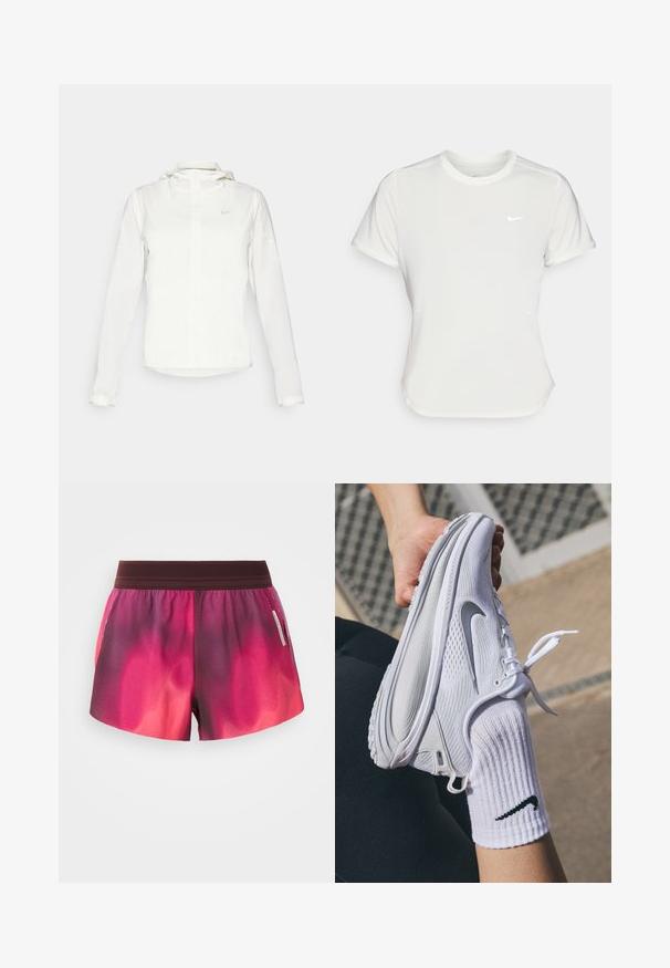 Fehér Nike dzseki kapucnival, teljes cipzárral, rugalmas mandzsettákkal és egy diszkrét logóval a mellkason. Sima textúrájú és könnyű kialakítású.; Fehér Nike póló, rövid ujjú, kerek nyakú, sima, könnyű anyagból készült. Diszkrét logóval rendelkezik a mellkason.; Rózsaszín és lila színátmenetes sportnadrág, elasztikus derékkal, sima textúrával és oldalt elhelyezett címkével. A nadrág laza szabású.; Fehér sportcipő textúrált dizájnnal és szürke Nike logóval, fehér zokni felett tartva. A cipő rugalmas talppal és fűzőkkel rendelkezik.