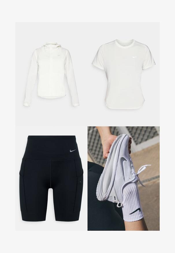 Balta Nike striukė su gobtuvu, pilnu užtrauktuku, elastingomis rankovėmis ir subtiliu logotipu ant krūtinės. Sklandi tekstūra ir lengvas dizainas.; Nike marškinėliai balti, trumpomis rankovėmis, apvaliu iškirpimu, pagaminti iš lygaus, lengvo audinio. Yra subtilus logotipas ant krūtinės.; Juodos aukšto liemens sportinės šortai, pagaminti iš elastingos medžiagos; turi šonines kišenes ir mažą Nike logotipą ant juosmens.; Balti sportiniai bateliai su tekstūruotu dizainu ir pilku Nike logotipu, laikomi virš baltos kojinės. Bateliai turi lanksčią padą ir raištelius.