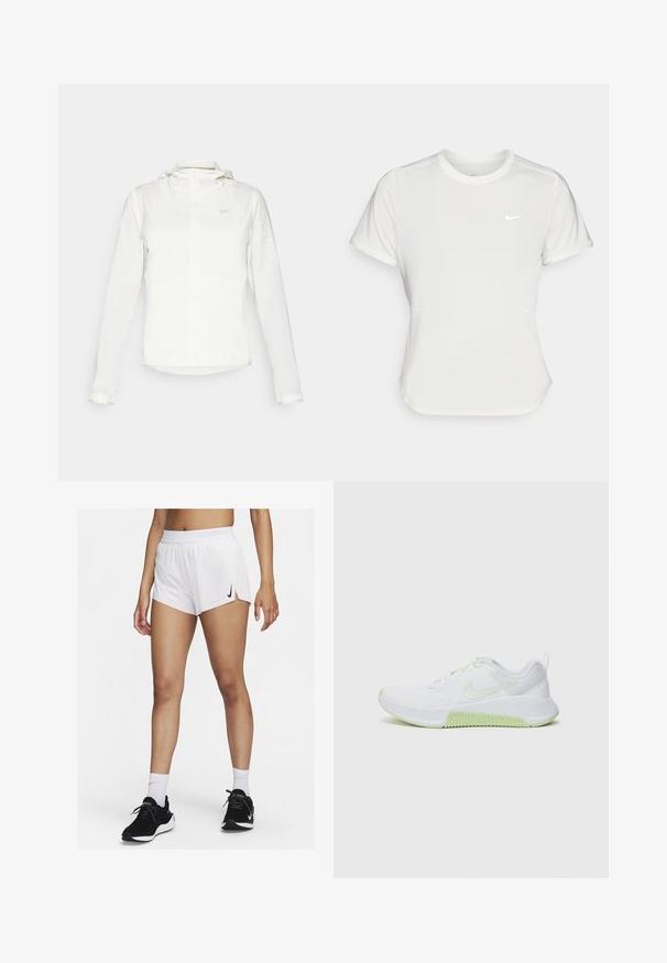 Weiße Nike-Jacke mit Kapuze, durchgehendem Reißverschluss, elastischen Bündchen und einem dezenten Logo auf der Brust. Glatte Textur und leichtes Design.; Nike T-Shirt in Weiß, mit kurzen Ärmeln und rundem Kragen, aus einem glatten, leichten Stoff gefertigt. Verfügt über ein dezentes Logo auf der Brust.; Weiße sportliche Shorts mit einem gerippten Bündchen, seitlichen Schlitzen und einem schwarzen Nike-Logo. Kombiniert mit schwarzen Turnschuhen und weißen Sportsocken.; Weiße Sportschuhe mit strukturiertem Mesh-Obermaterial, limettengrünen Akzenten an der Sohle und den Schnürsenkeln sowie einem runden Zehenbereich für Flexibilität.
