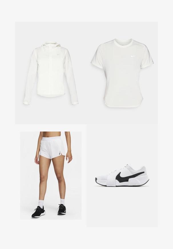 Chaqueta blanca de Nike con capucha, cremallera completa, puños elásticos y un logo sutil en el pecho. Textura suave y diseño ligero.; Camiseta Nike en blanco, de manga corta, escote redondo, hecha de una tela suave y ligera. Presenta un logo sutil en el pecho.; Pantalones cortos deportivos blancos con cinturilla acanalada, aberturas laterales y un logo negro de Nike. Se llevan con zapatillas negras y calcetines blancos hasta la mitad de la pantorrilla.; Zapatos deportivos blancos con acentos negros, presentan una parte superior de malla texturada, un cuello acolchado y una suela de goma con un patrón en zigzag.