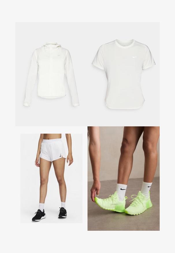 Veste blanche Nike avec capuche, fermeture éclair intégrale, poignets élastiques et un logo discret sur la poitrine. Texture lisse et design léger.; T-shirt Nike en blanc, à manches courtes, col rond, fabriqué dans un tissu lisse et léger. Présente un logo discret sur la poitrine.; Shorts de sport blancs avec une ceinture côtelée, des fentes latérales et un logo Nike noir. Portés avec des baskets noires et des chaussettes hautes blanches.; Baskets de sport vert fluo avec semelle texturée, design à lacets et logo Nike blanc sur le côté. Portées avec des chaussettes blanches avec des accents noirs.